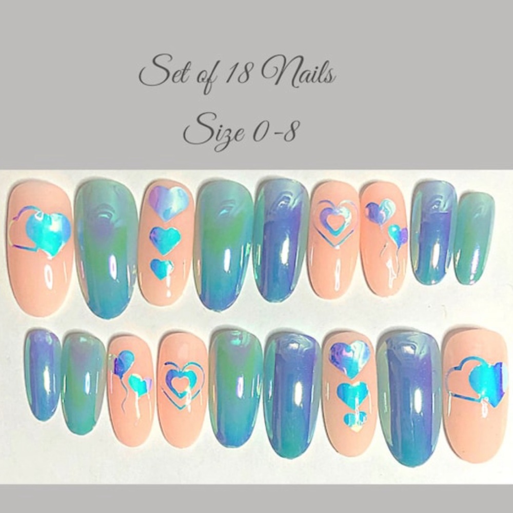 Holo Hearts on Nude with Blue Aurora- press on nail set-Size 0-8, Long Round